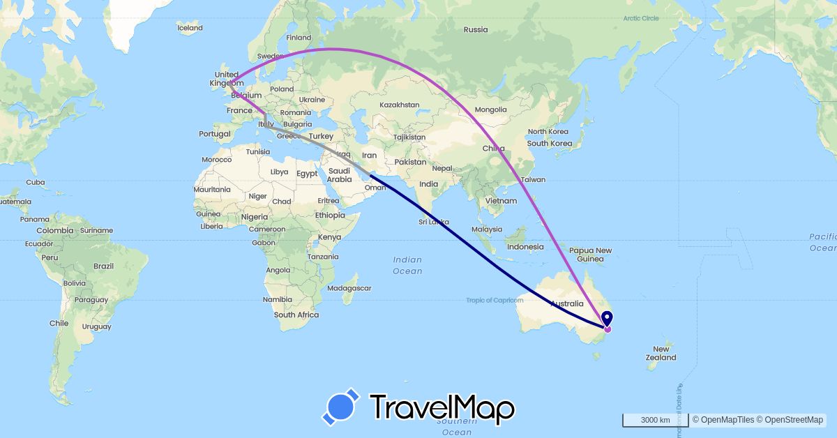 TravelMap itinerary: driving, plane, train in United Arab Emirates, Australia, United Kingdom, Italy (Asia, Europe, Oceania)